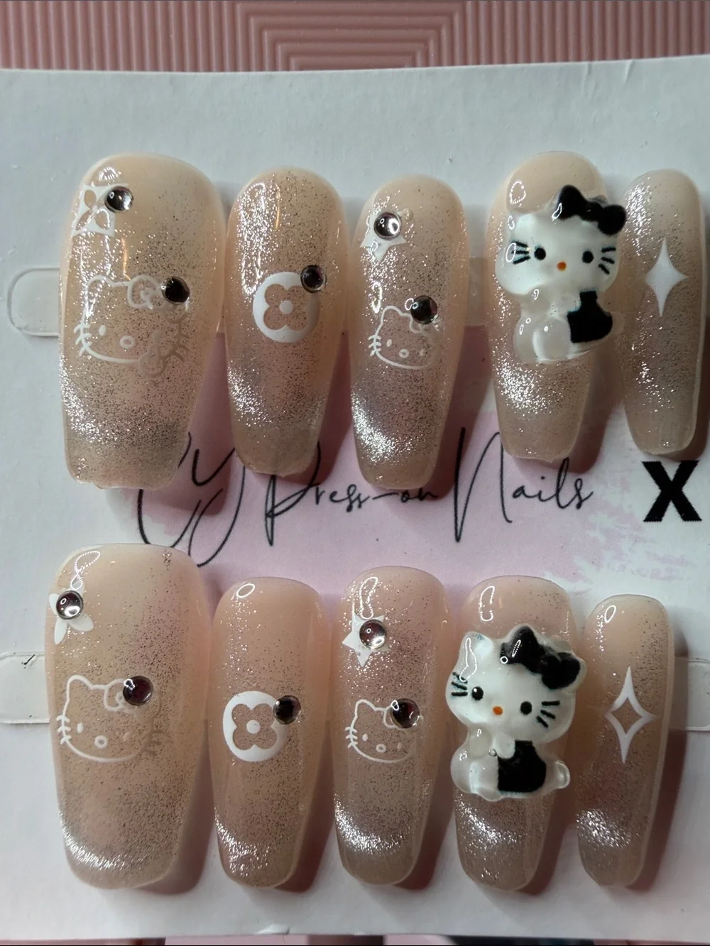 Hello Kitty Nude Pink Glitter Press-On Nails with 3D Charms